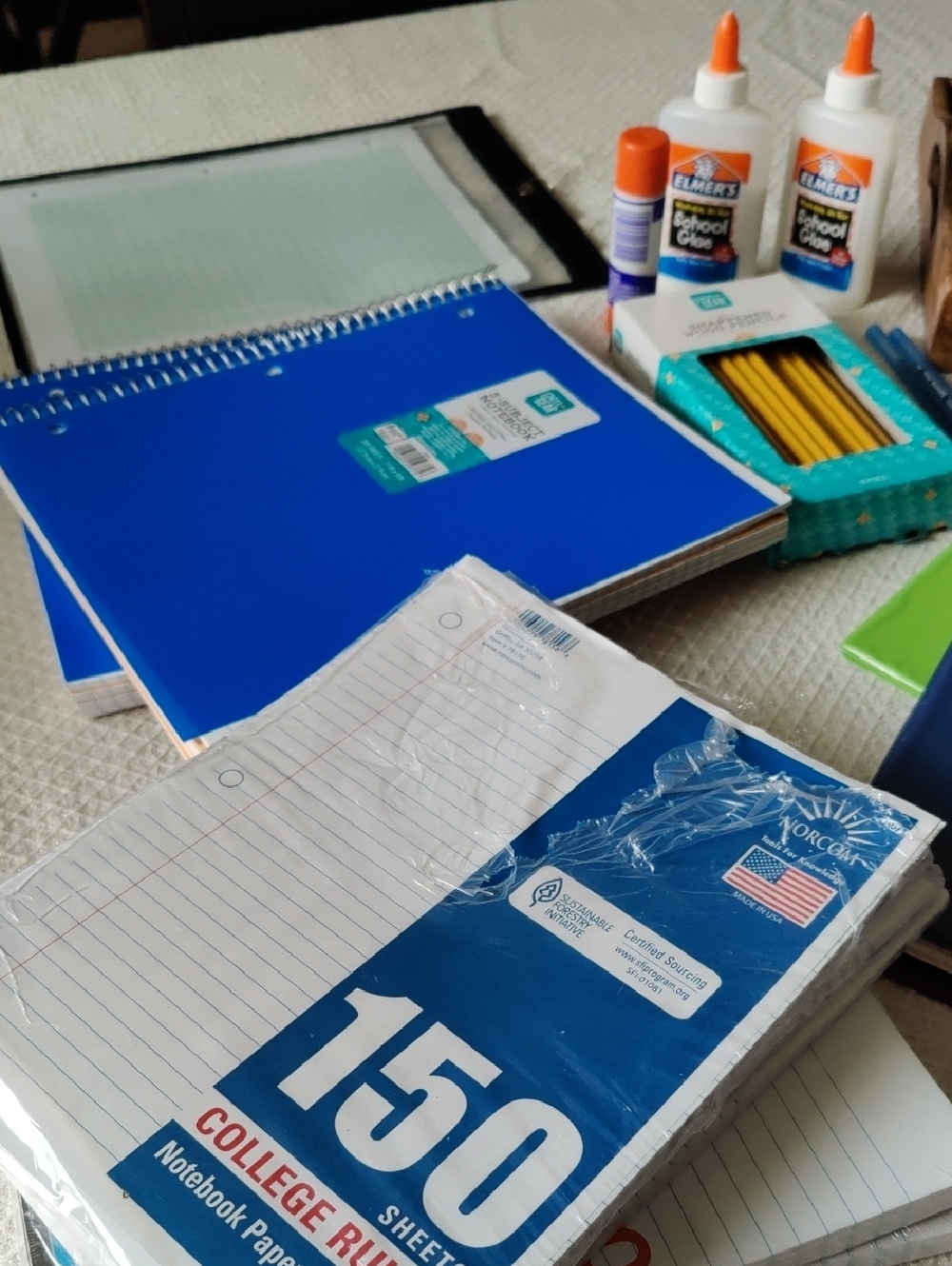Blue Spiral Notebooks, College Ruled Paper Packs, Binders, Pencils, Glue